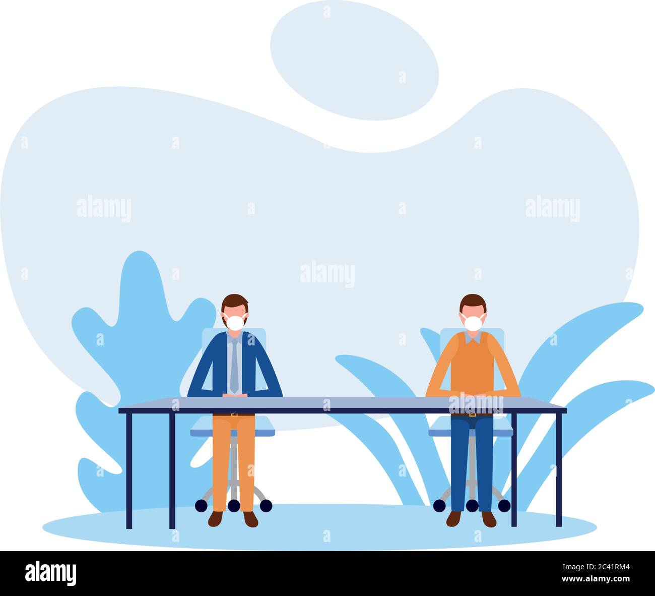 Office distancing between men with masks on table design of Covid 19 ...