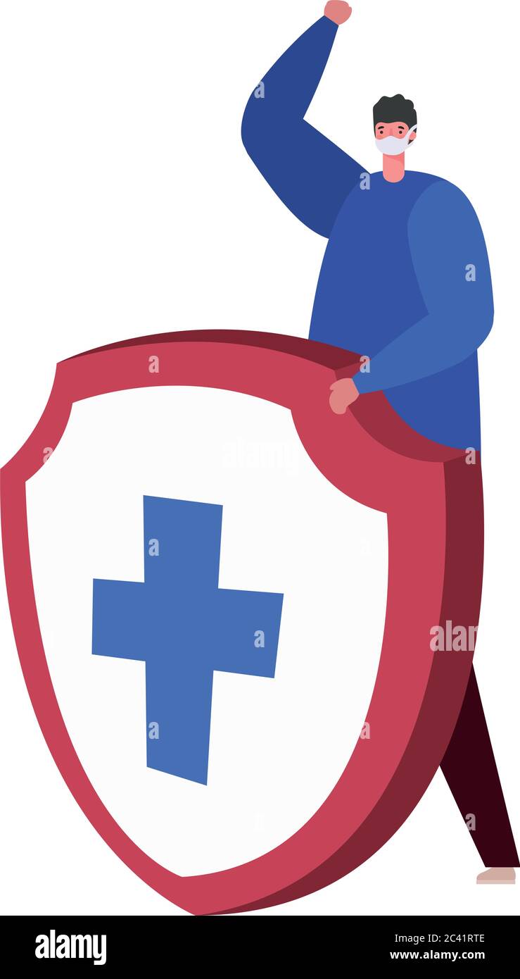 Man with mask and shield with cross design of Fight covid 19 virus and ...