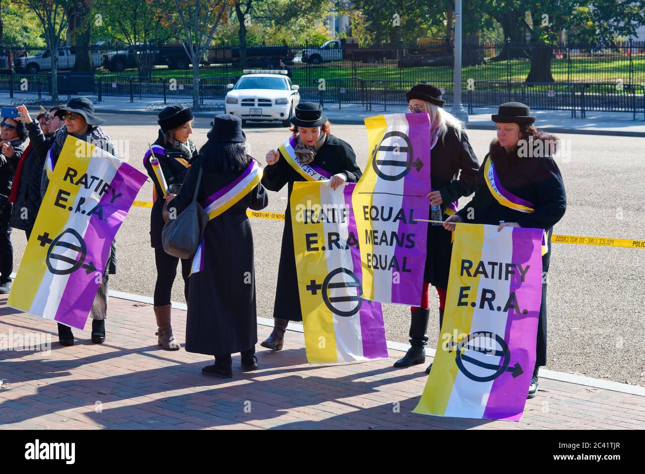 Activists requesting ratification of the Equal Rights Amendment (ERA) in front of the White House, Washington, D.C. Stock Photo