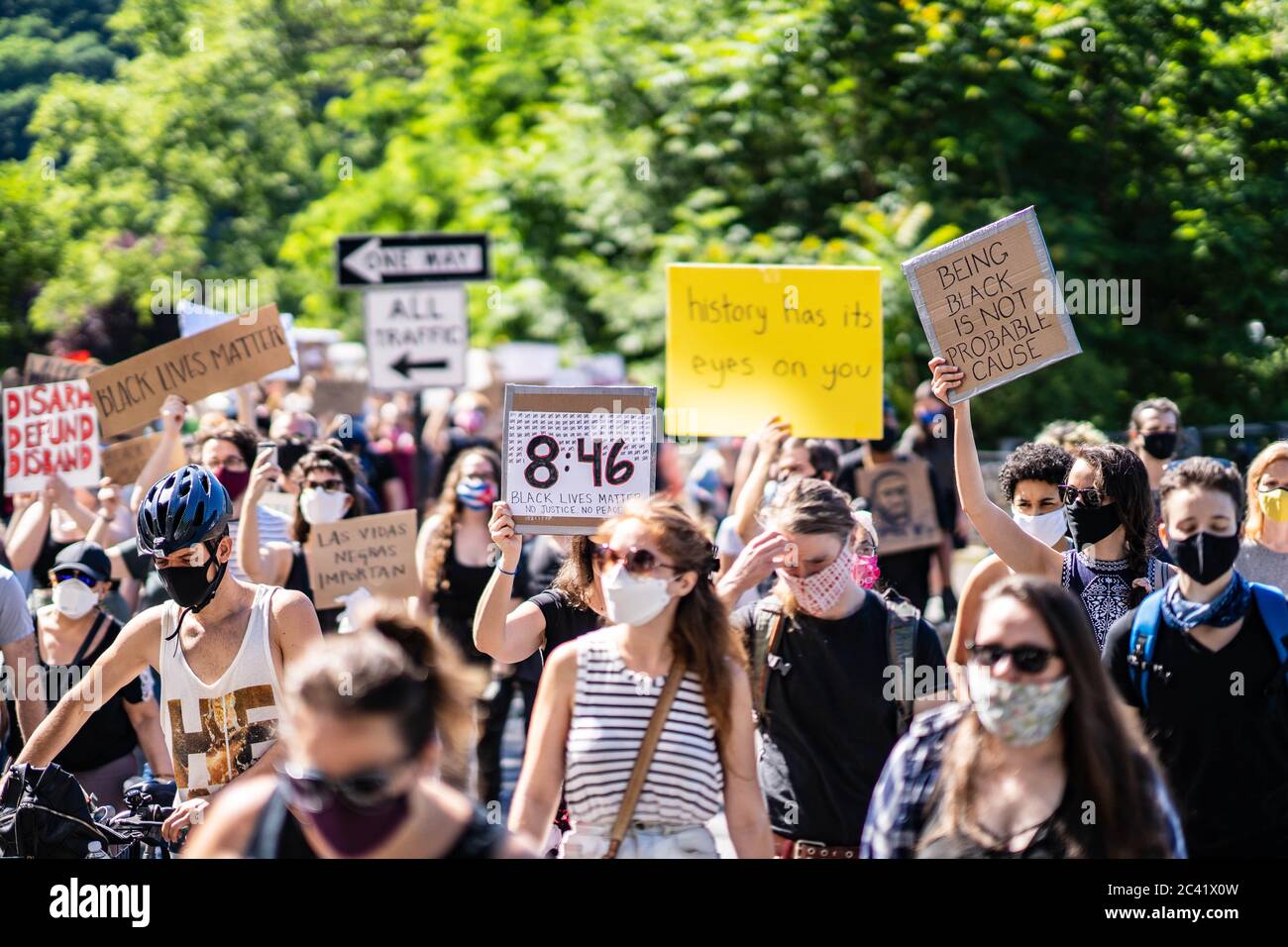 Manhattan, New York - June 13, 2020: Black Lives Matter Peaceful Protesters Exercise Their First Amendment Right and Stand Against Police Brutality. Stock Photo