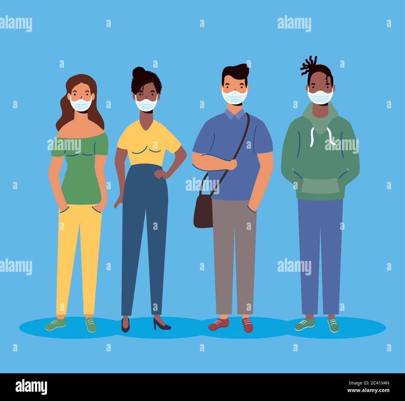 group of diversity people wearing medical masks characters vector ...