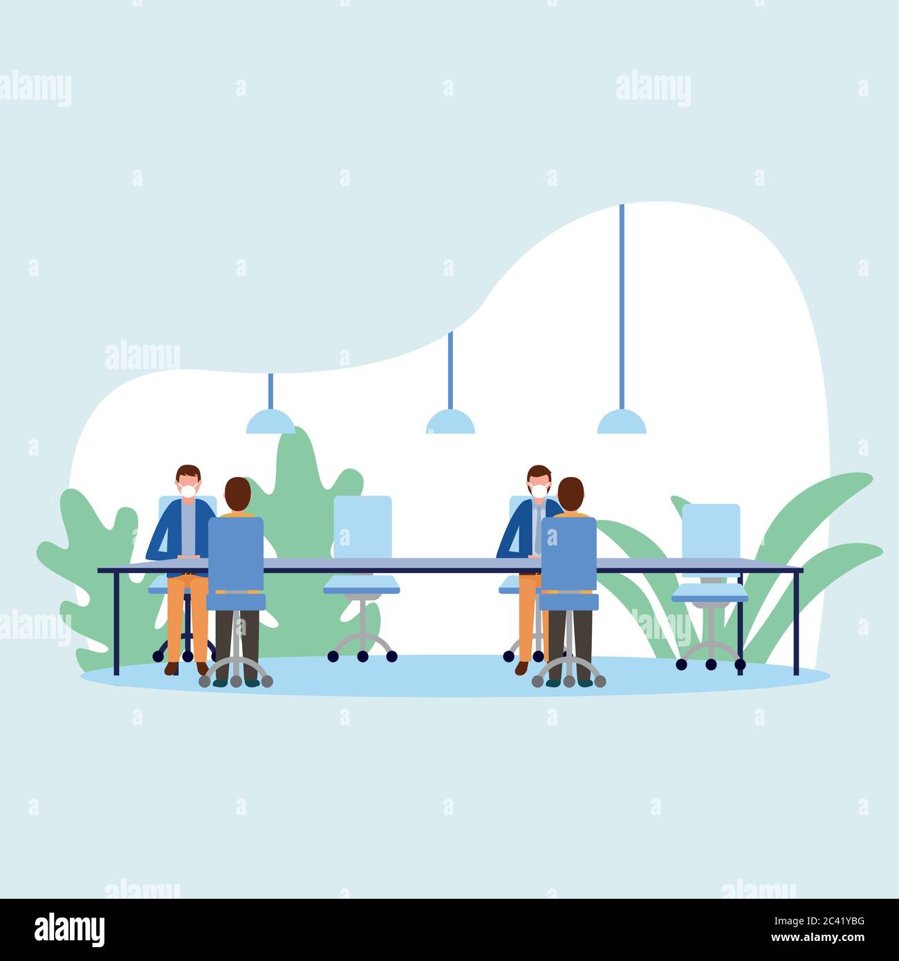 Office distancing between men with masks on table design of Covid 19 ...