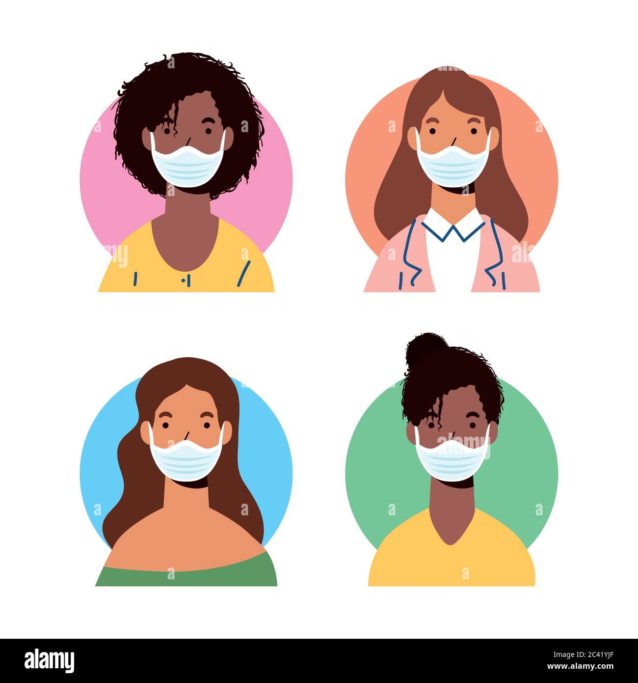 group of diversity women wearing medical masks characters vector ...