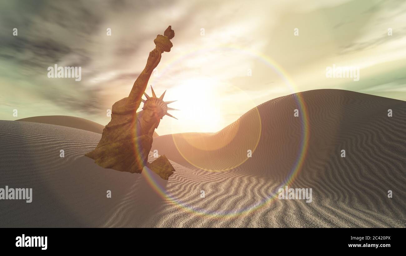 Post Apocalyptic scene. Liberty statue is covered with sand Stock Photo