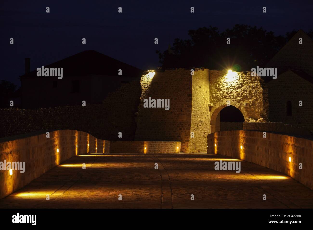 Night view up close to the front door of the historic town of Nin Stock ...