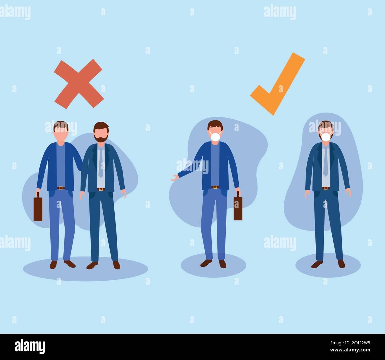 Office distancing between men with masks and suitcases design of Covid ...