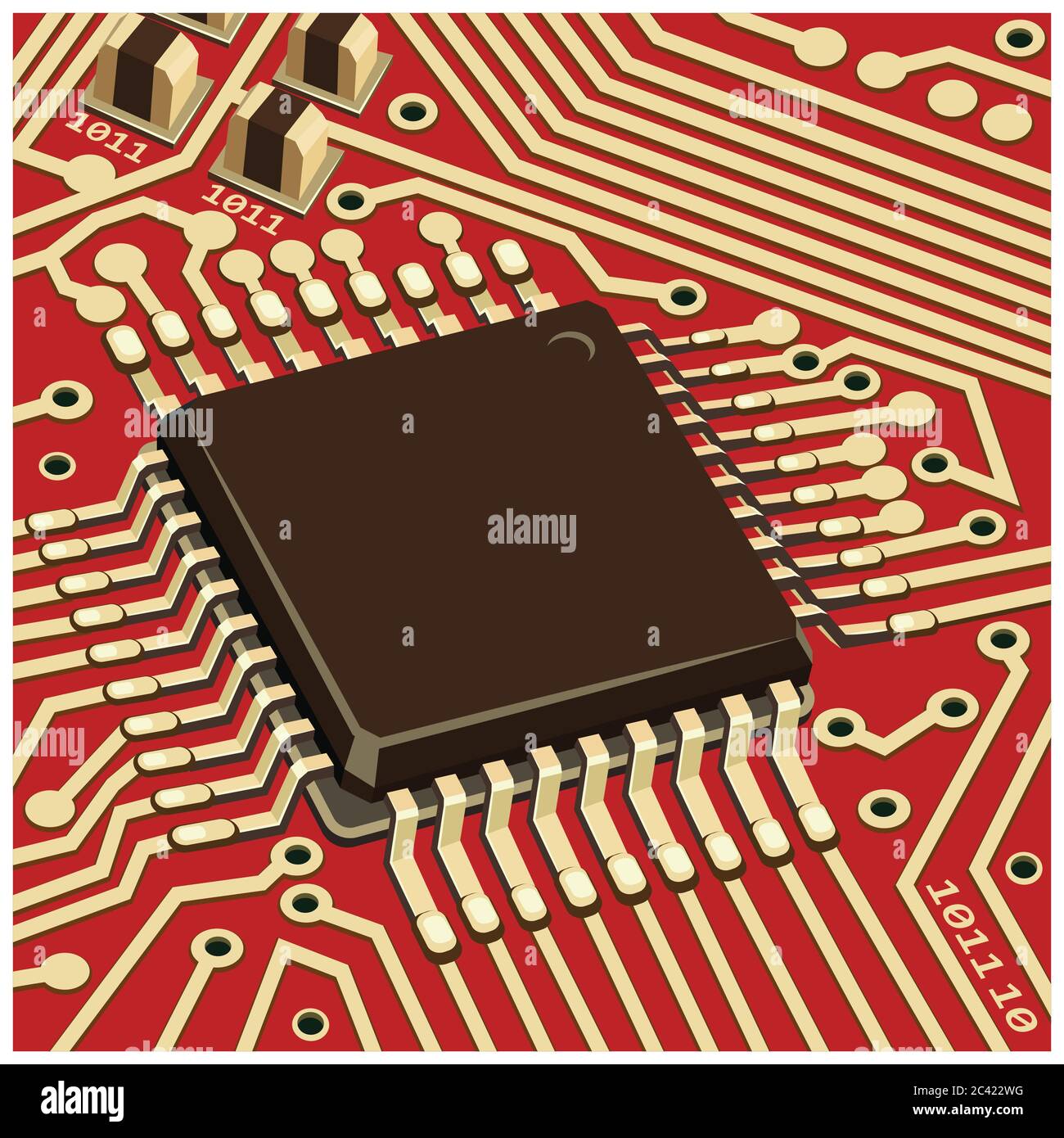 Stylized vector illustration of electronic circuit chip on the red