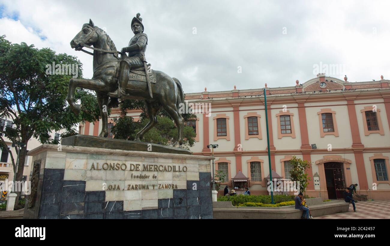 Inmaculada Concepcion Loja, Loja / Ecuador - March 30 2019: View of the sculpture of Alonso de Mercadillo founder of Loja, Zaruma and Zamora in the pl Stock Photo