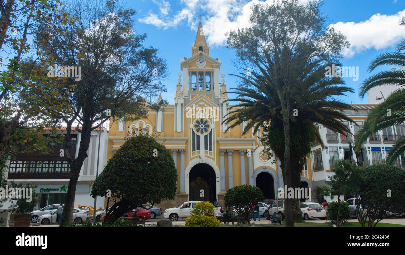 Inmaculada Concepcion Loja, Loja / Ecuador - March 30 2019: Front view of the church of the Cathedral of Loja in front of the central park Stock Photo