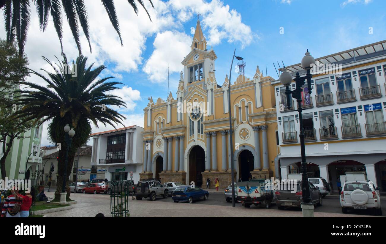 Inmaculada Concepcion de Loja, Loja / Ecuador - March 30 2019: View of the church of the Cathedral of Loja in front of the central park Stock Photo