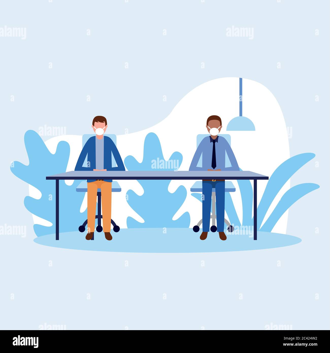 Office distancing between men with masks on table design of Covid 19 ...