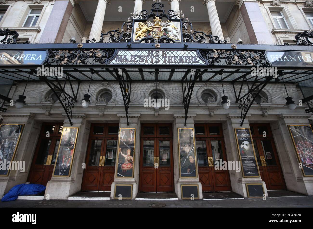 Her Majesty's Theatre, London, previously showing The Phantom of the Opera, will remain empty, after the announcement by producer, Cameron Mackintosh, that the production will not reopen until 2021 due to the ongoing uncertainty of lockdown and coronavirus. Stock Photo