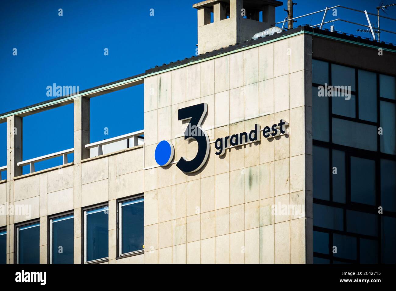 Strasbourg, France - June 21, 2020: Logo of local TV network France 3 Grand Est on its building. Stock Photo