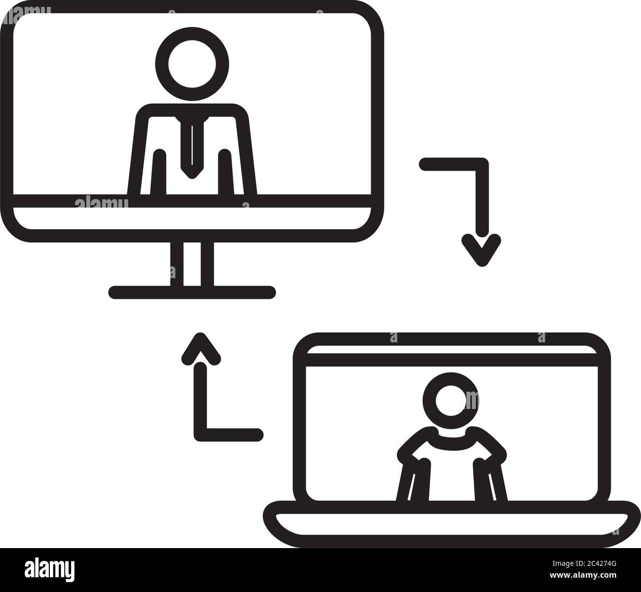 working at home concept, computers and pictogram boss and worker on screens over white background, line style, vector illustration Stock Vector