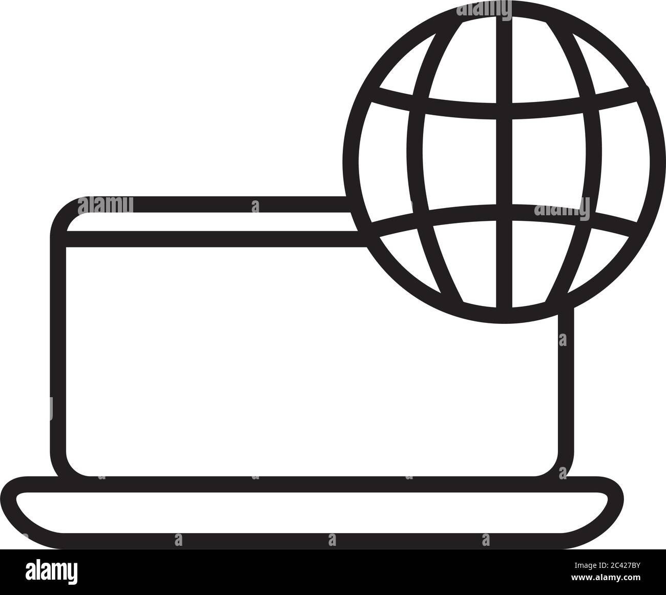 laptop computer with global sphere icon over white background, line ...