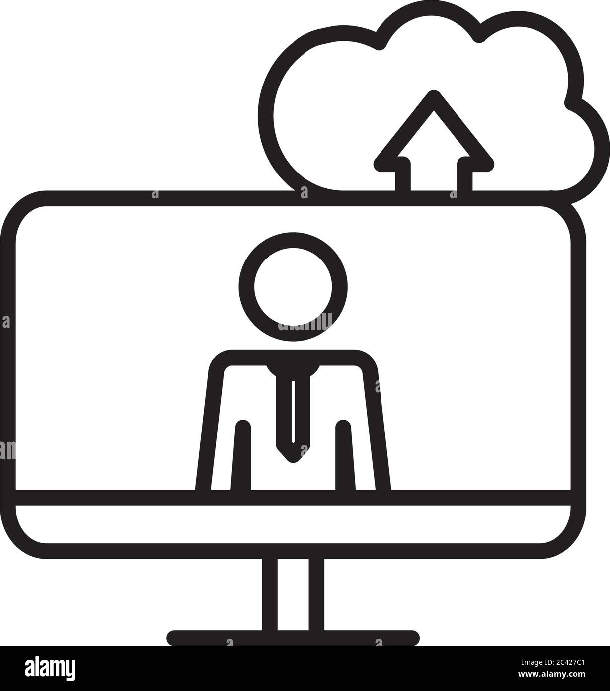 work concept, cloud storage and computer with pictogram man on screen over white background, line style, vector illustration Stock Vector