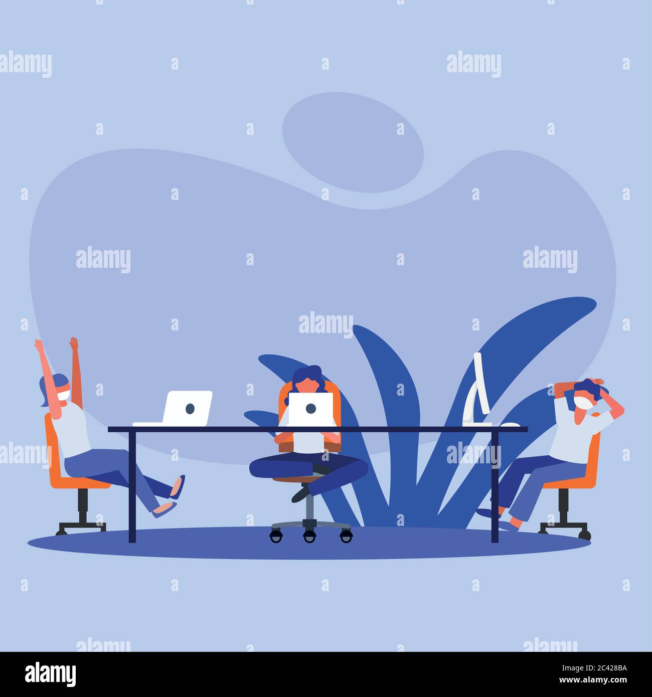 Office distancing between people with masks on table design of Covid 19 ...