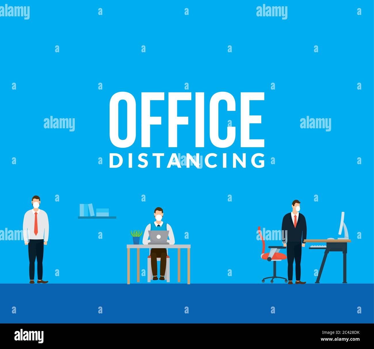 Office distancing between men with masks and desks design of Covid 19 ...