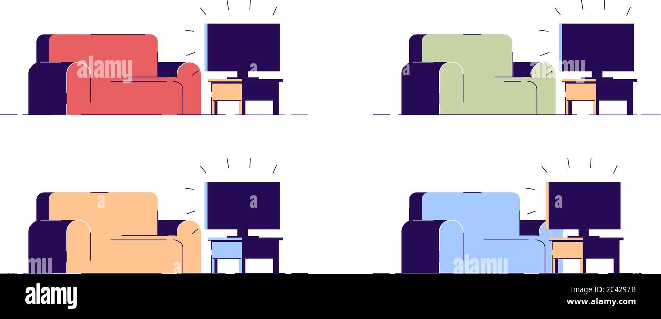 Couch and TV semi flat RGB color vector illustrations set Stock Vector ...