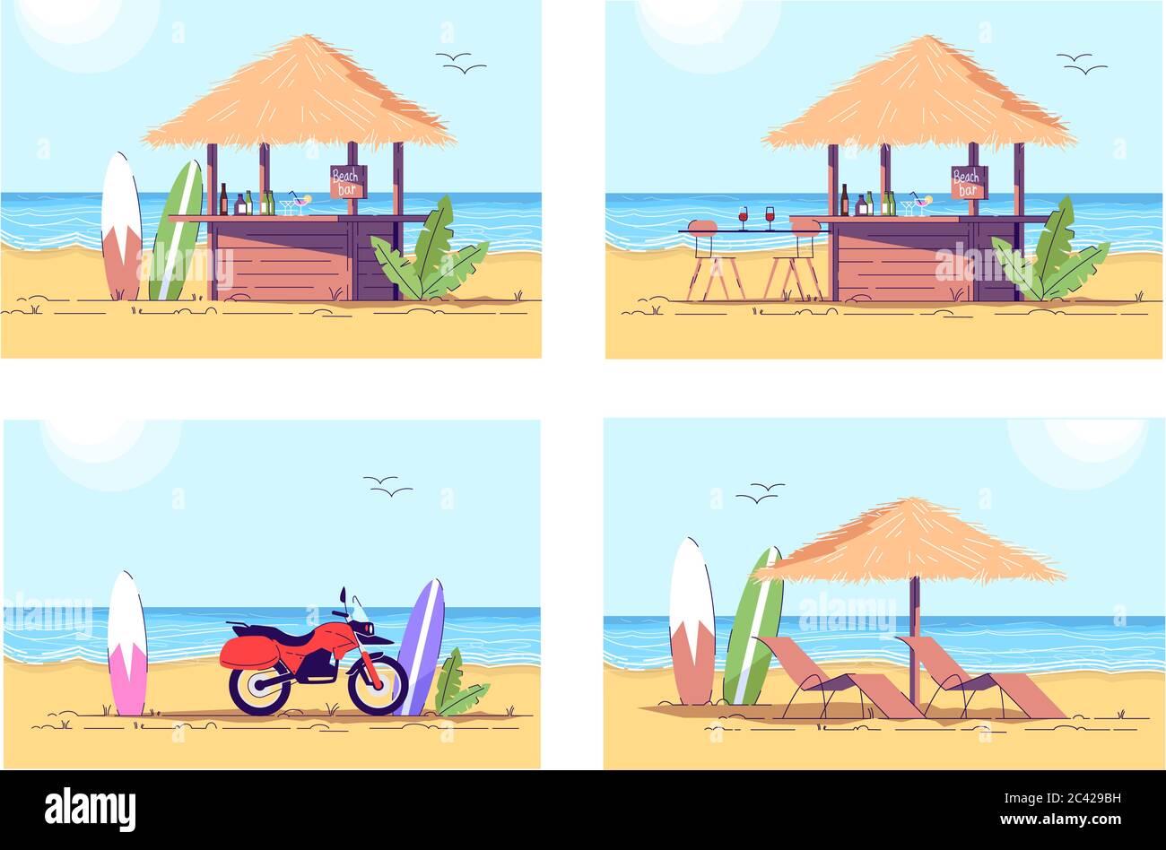 Relaxation on beach semi flat vector illustration set Stock Vector