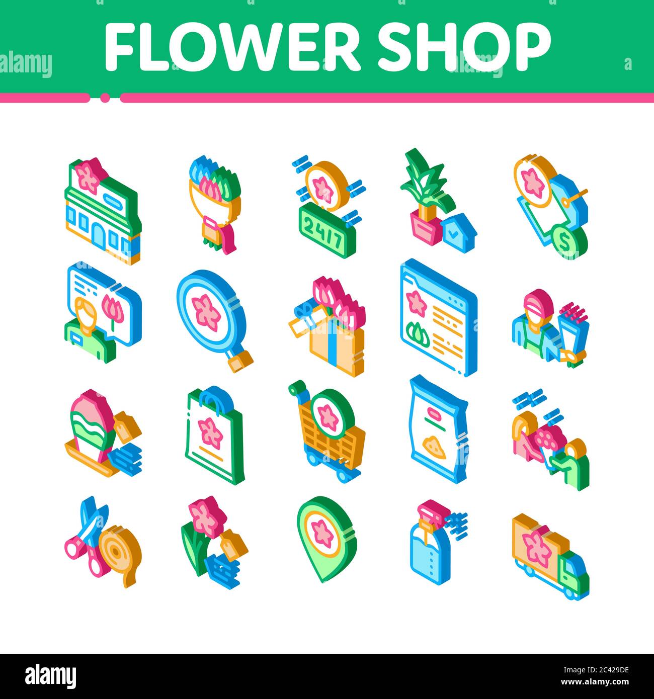 Flower Shop Boutique Isometric Icons Set Vector Stock Vector Image ...