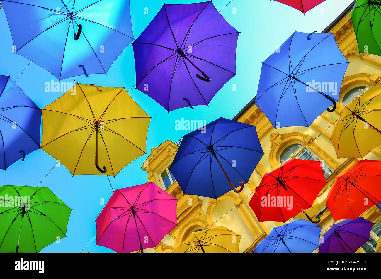 Street decoration, lots of colorful umbrellas in the air, Belgrade, Serbia Stock Photo