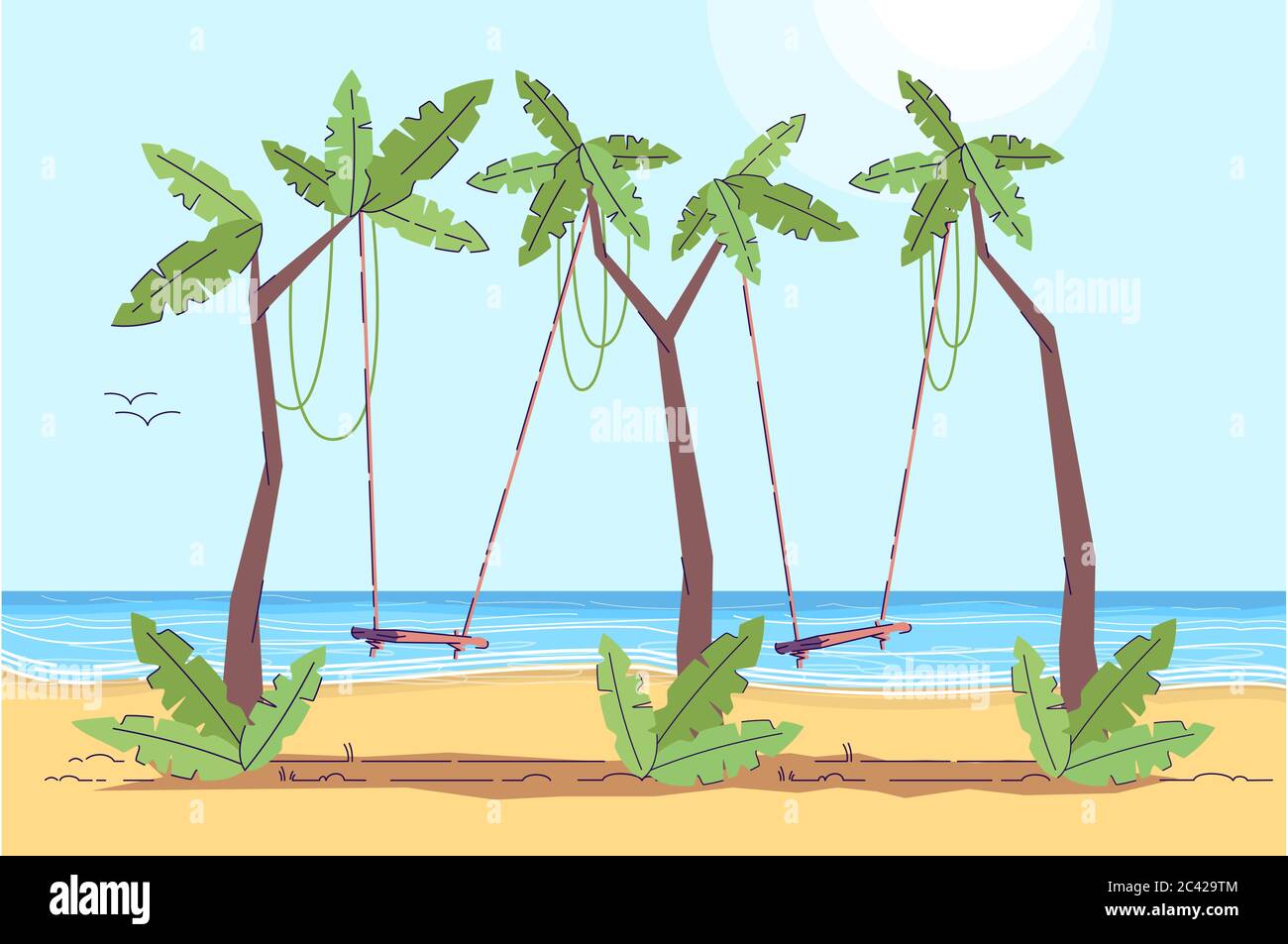Palm trees with two swing semi flat vector illustration Stock Vector