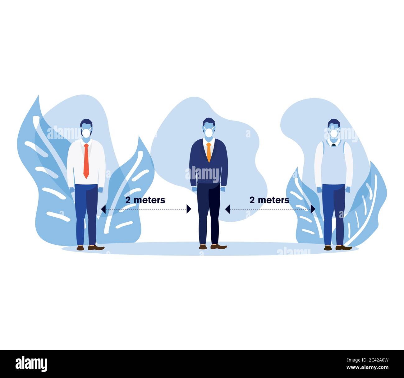 Office distancing between men with masks and leaves design of Covid 19 ...
