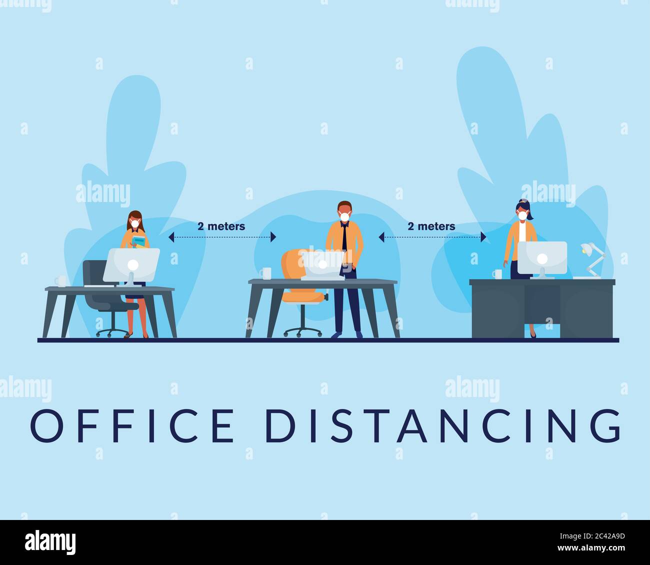 Office distancing between people with masks on desks design of Covid 19 ...