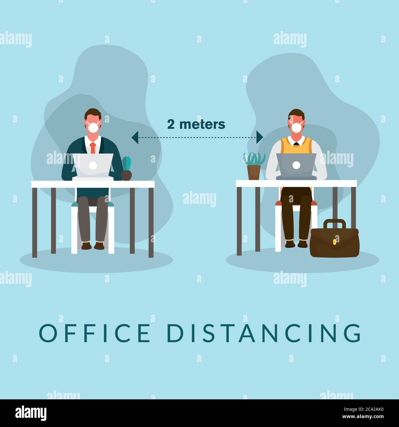 Office distancing between men with masks on desks design of Covid 19 ...