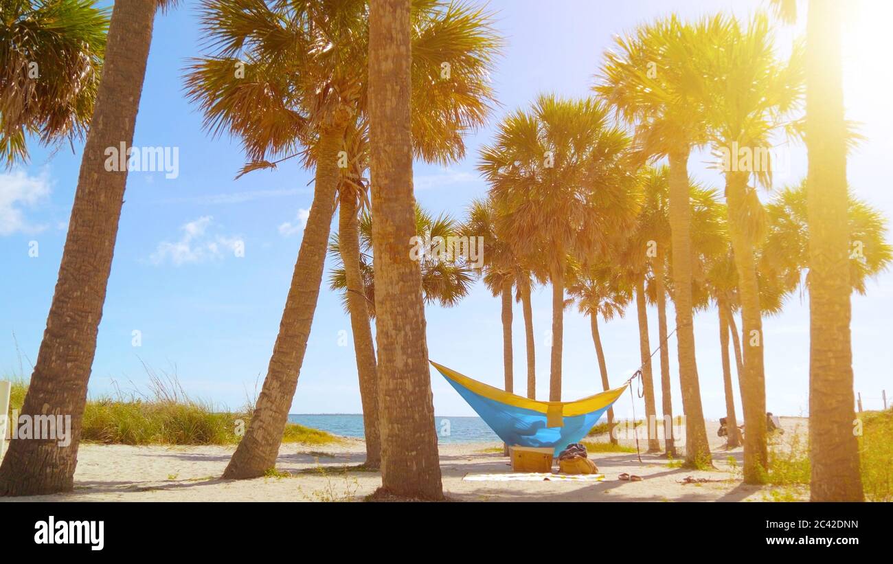 Romantic couple relaxing in tropical hammock. Stock Photo