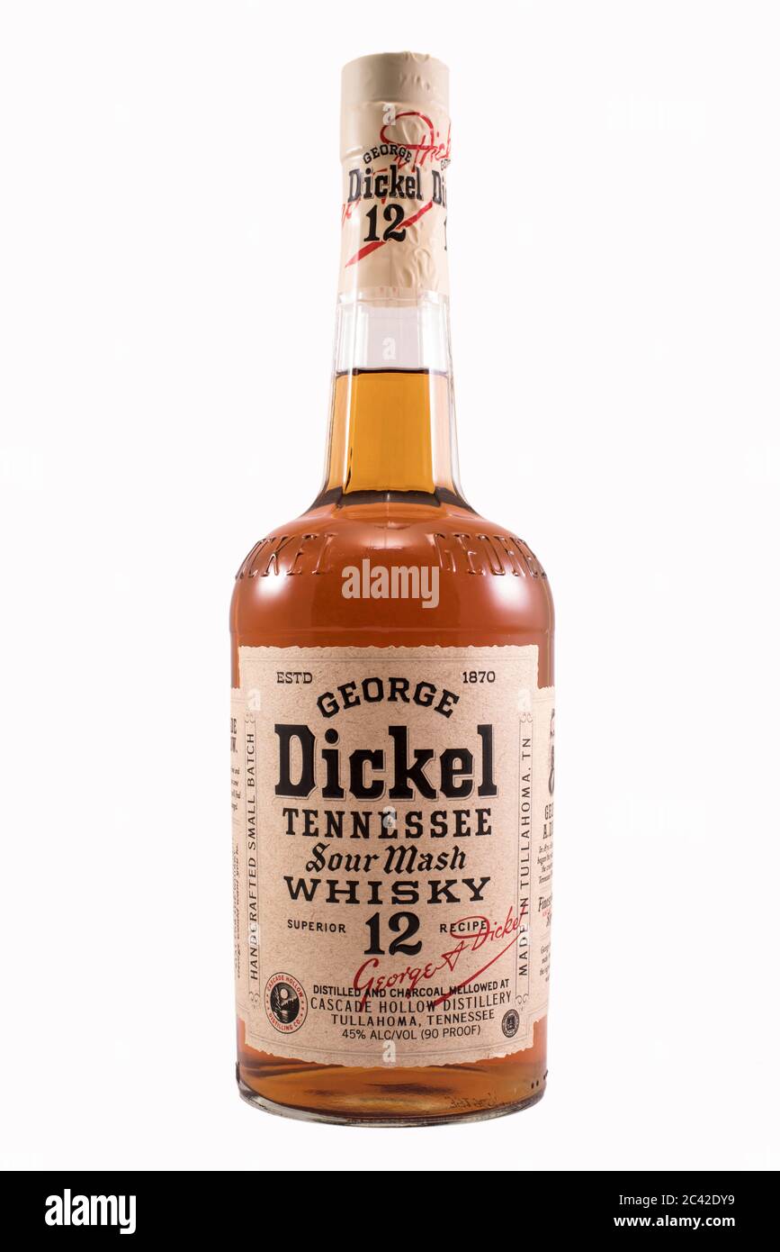 George Dickel 12 Year Tennessee Whiskey on a solid white background for easy isolation adn cutout as an image component Stock Photo