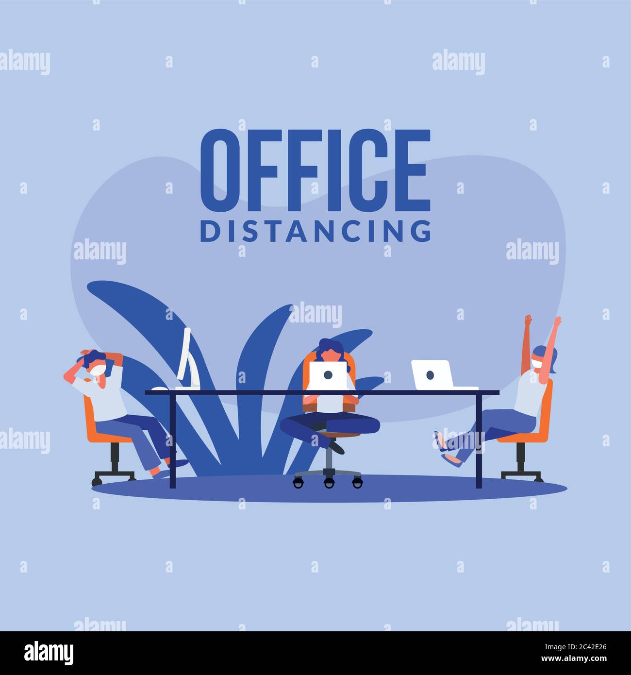 Office distancing between people with masks on table design of Covid 19 ...