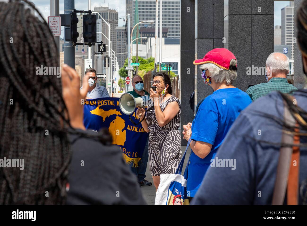 Detroit, Michigan, USA. 23rd June, 2020. Congresswoman Rashida Tlaib speaks at a rally at Detroit's main post office to 'Save America's Postal Service.' The event was part of a nationwide campaign by the American Postal Workers Union. Credit: Jim West/Alamy Live News Stock Photo