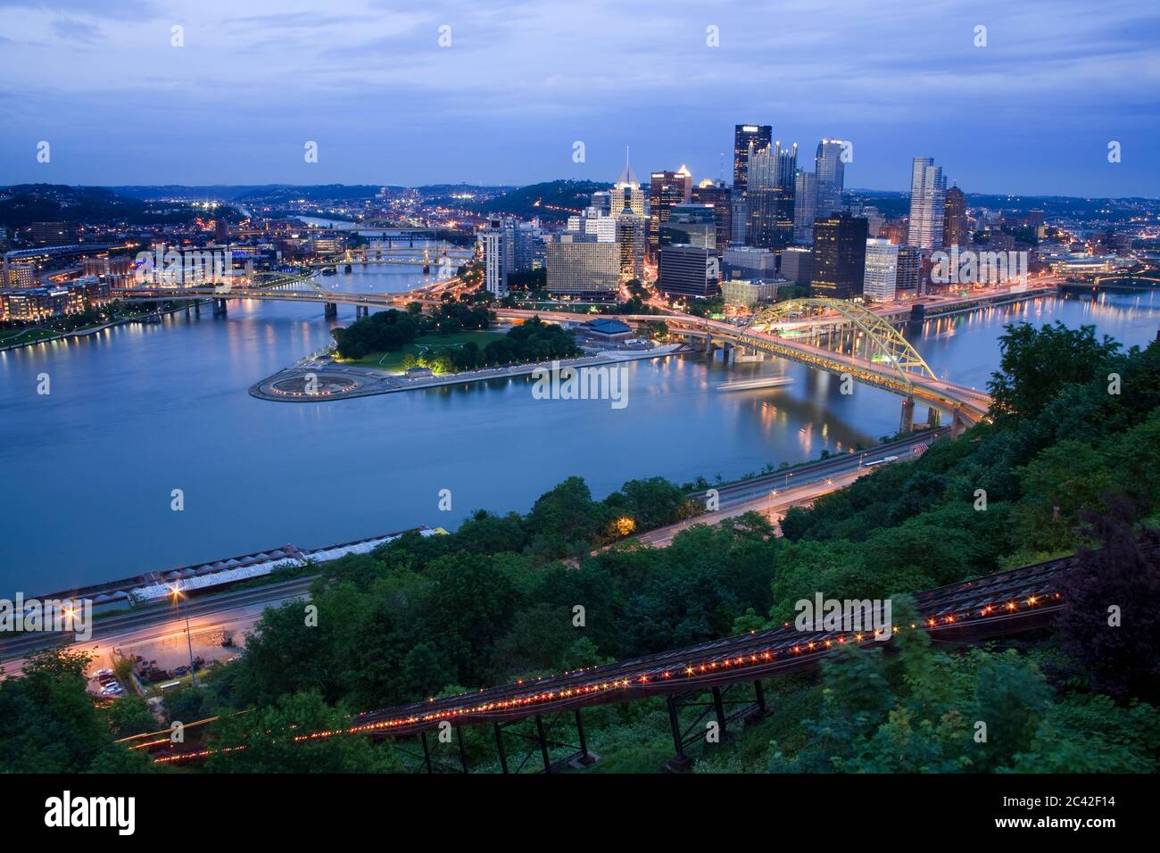 Pittsburgh skyline & Fort Pitt Bridge over the Monongahela River,Pennsylvania,USA Stock Photo