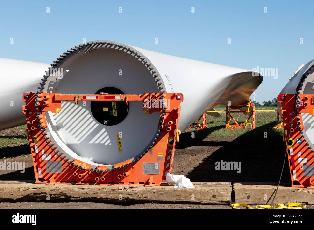Wind turbine construction, Blades lying on ground, Indiana, USA, by
