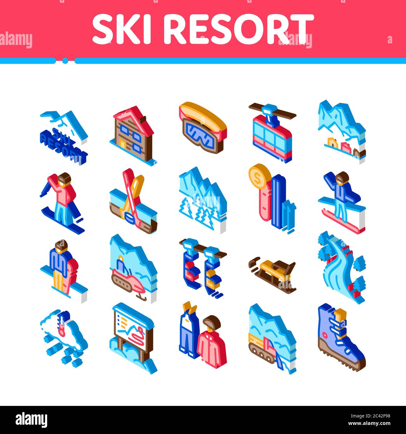 Ski Resort Vacation Isometric Icons Set Vector Stock Vector