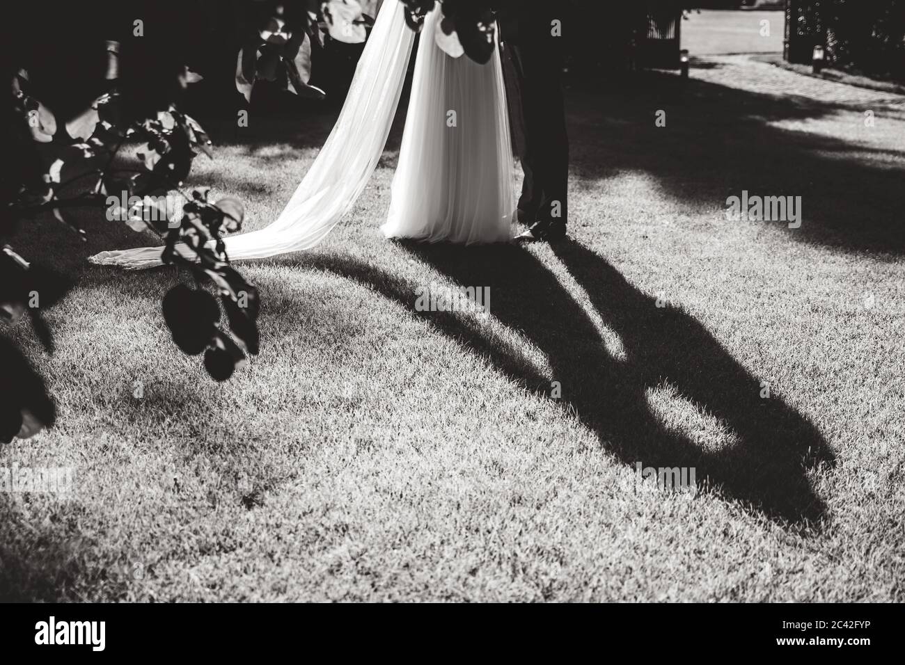 Black and white photo of marriage couple standing on lawn. Shadow  silhouette showing newlyweds' kiss. Wedding day concept Stock Photo - Alamy