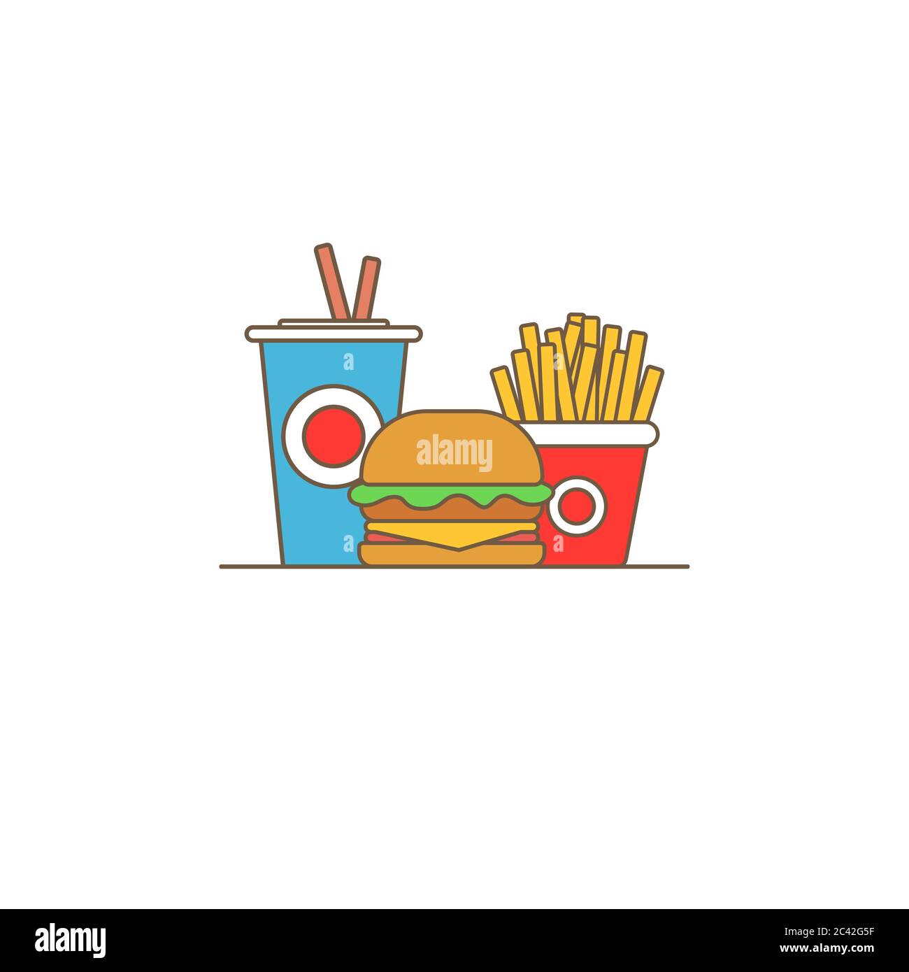 Colorful Fast food vector isolated on white background. Fast food hamburger dinner and restaurant, tasty set fast food many meal and unhealthy fast Stock Vector