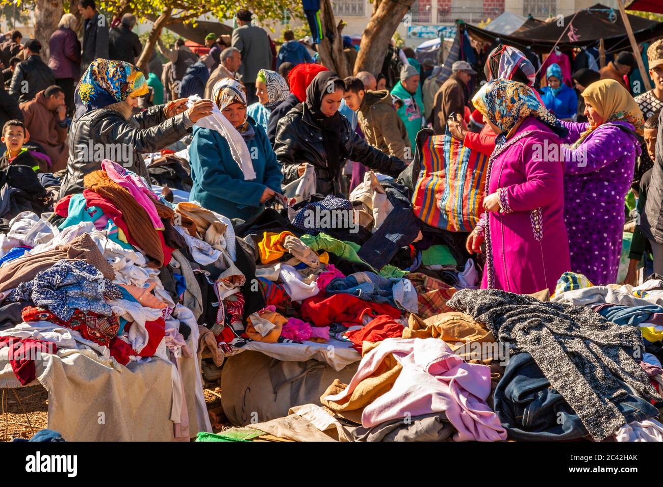 Impressions of Morocco: Used clothes and shoes in the market Stock Photo