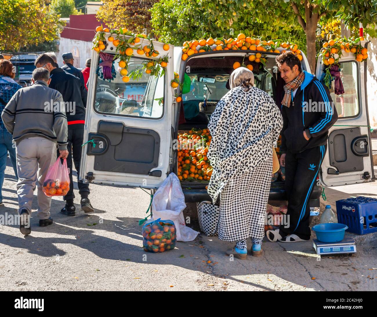 Impressions of Morocco: Vending cart decorated with oranges Stock Photo