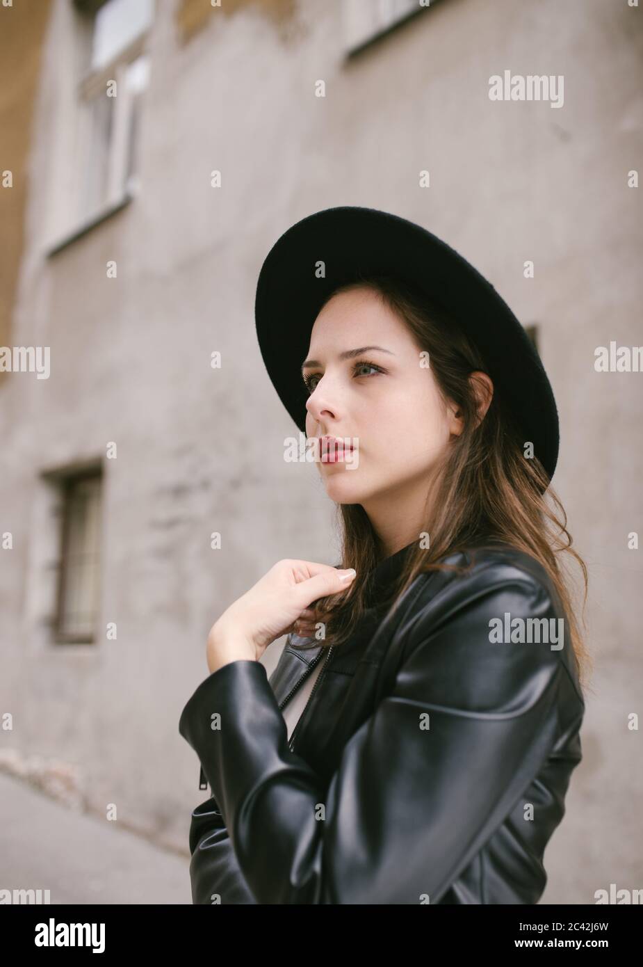 Beautiful woman in black jacket hi-res stock photography and images - Alamy