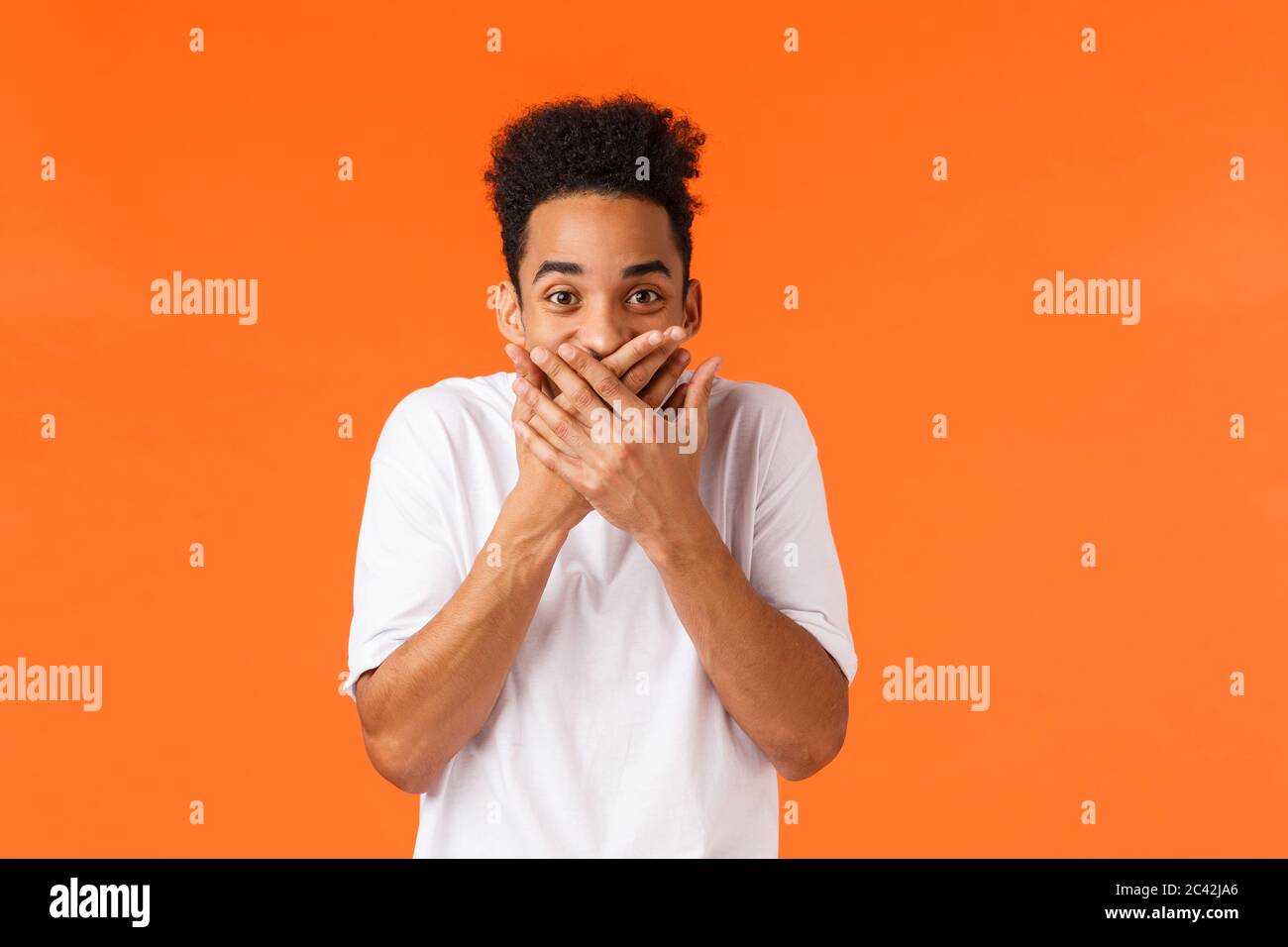 Guy made funny prank trying hold laugh. Hilarious and amused african