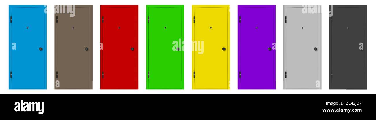 Multicolored door set, vector illustration. Closed doors with handles and peepholes. Stock Vector