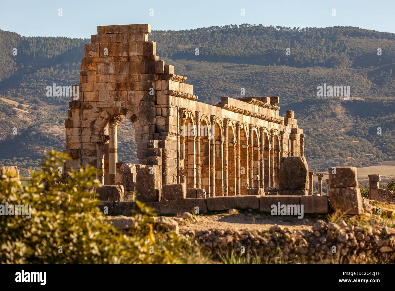 Temple of Saturn in the ancient Roman ruined city of Volubilis, Meknès-El Menzeh, Morocco Stock Photo