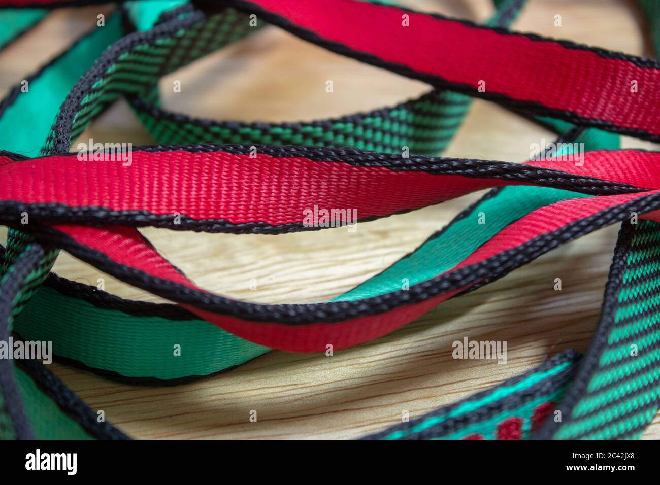 A set of nylon slings used in rock climbing for anchor and safety Stock