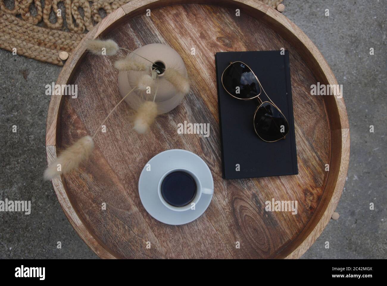 wood tray table with decorations and coffee Stock Photo Alamy