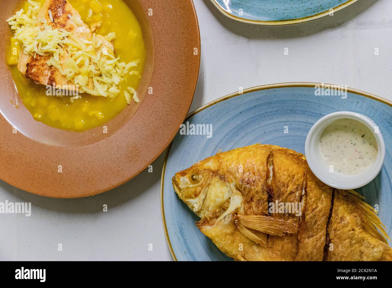 Platos de pescados, Salmon en salsa con queso y mojarra frita Stock Photo