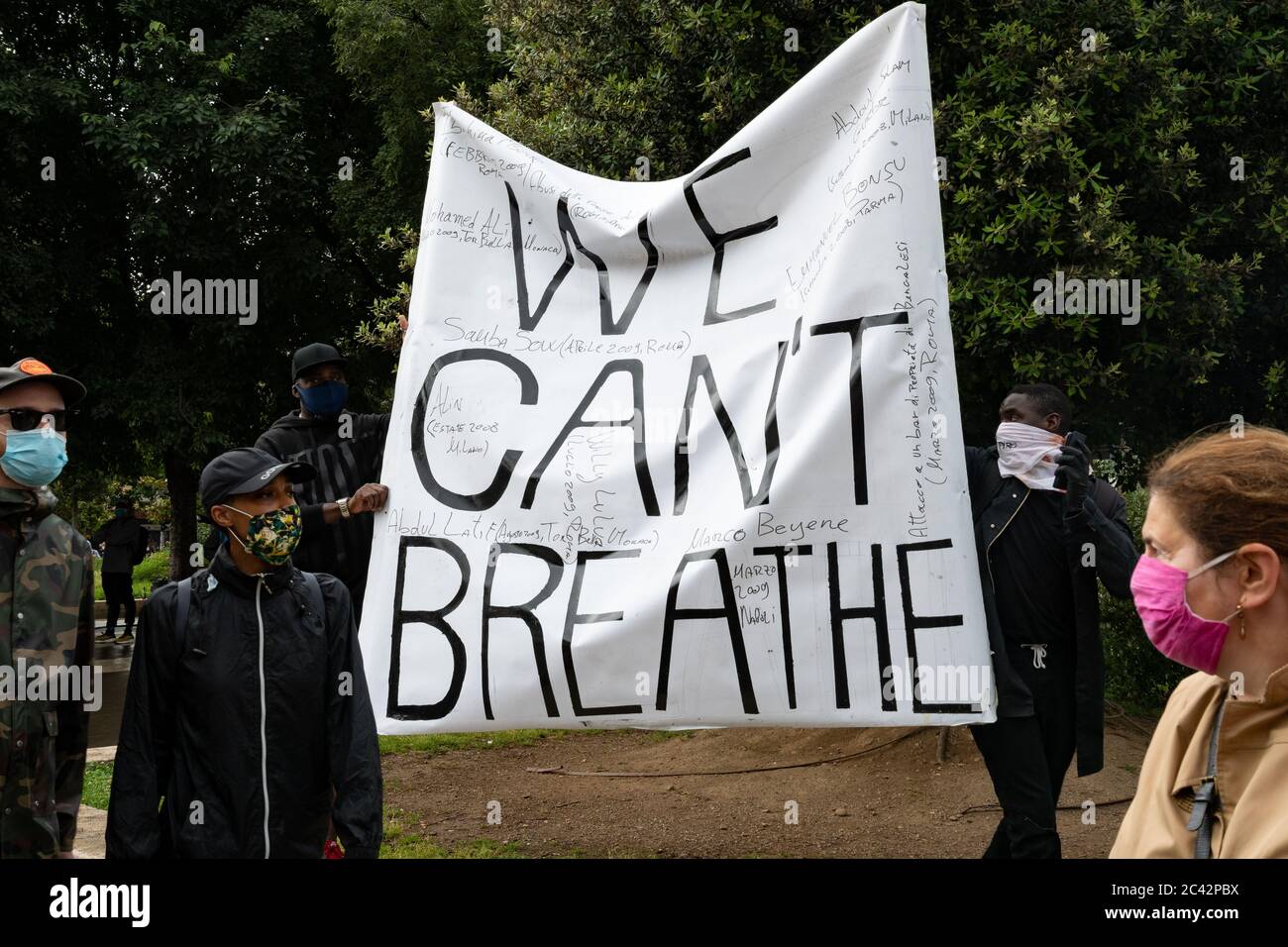 People Holding Banner We Can T Breathe With The Victim Names Of Racist Attacks In Italy Protest Assembly In Solidarity To Blm Movement Stock Photo Alamy