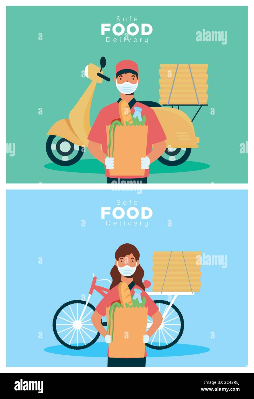 safe food delivery workers with groceries bags in motorcycle and